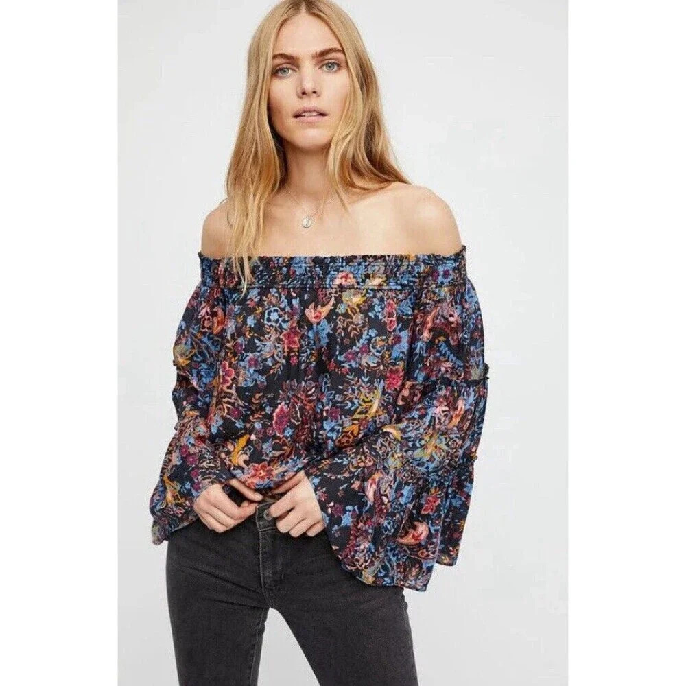 Free People Free Spirit Off The Shoulder Top Size Small Floral Bell Sleeve - Picture 7 of 7